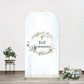 Aperturee - White Blue Leaves Gold Cross Arch Baptism Backdrop